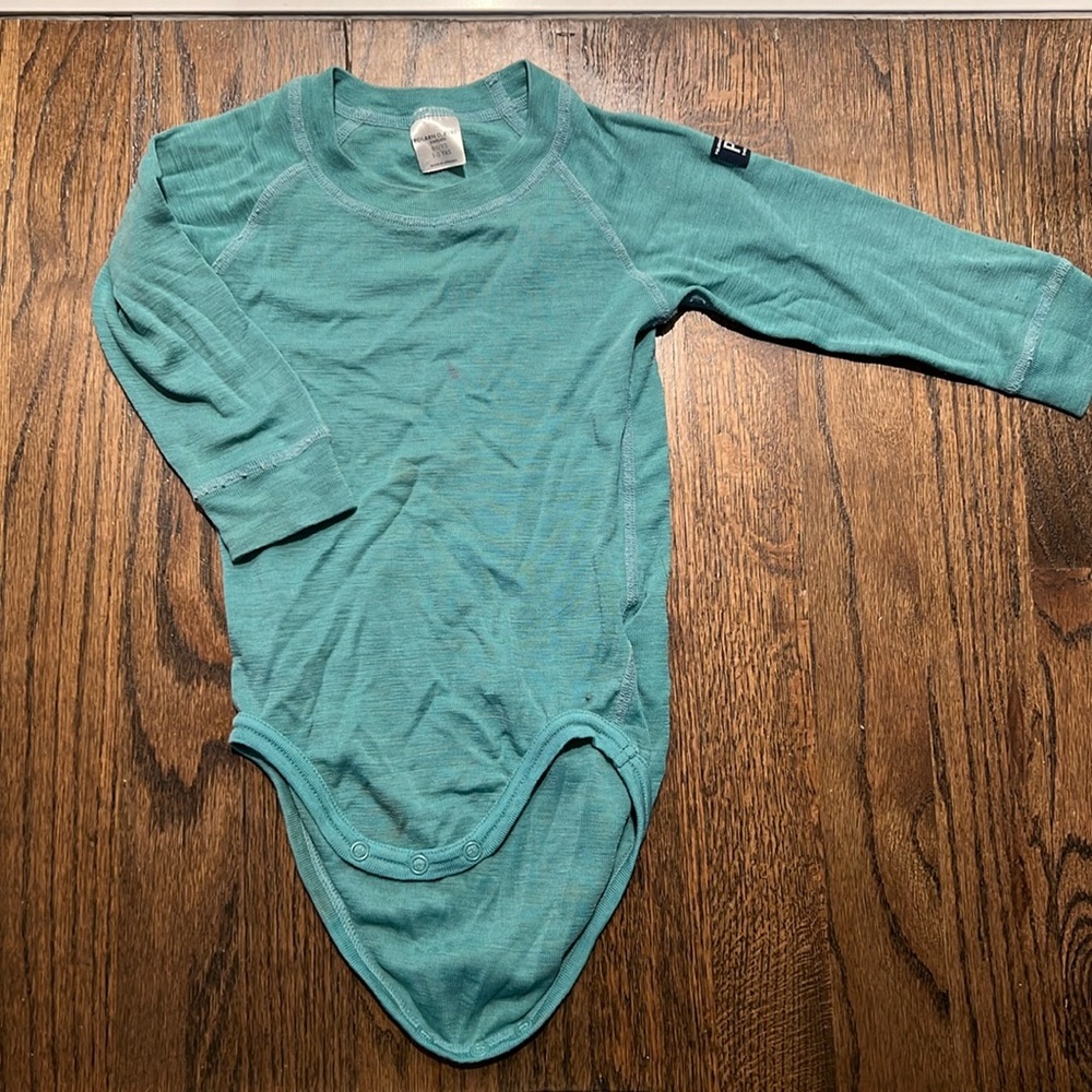 Polarn O Pyret teal merino onesie bodysuit 1-2 years greenish blue